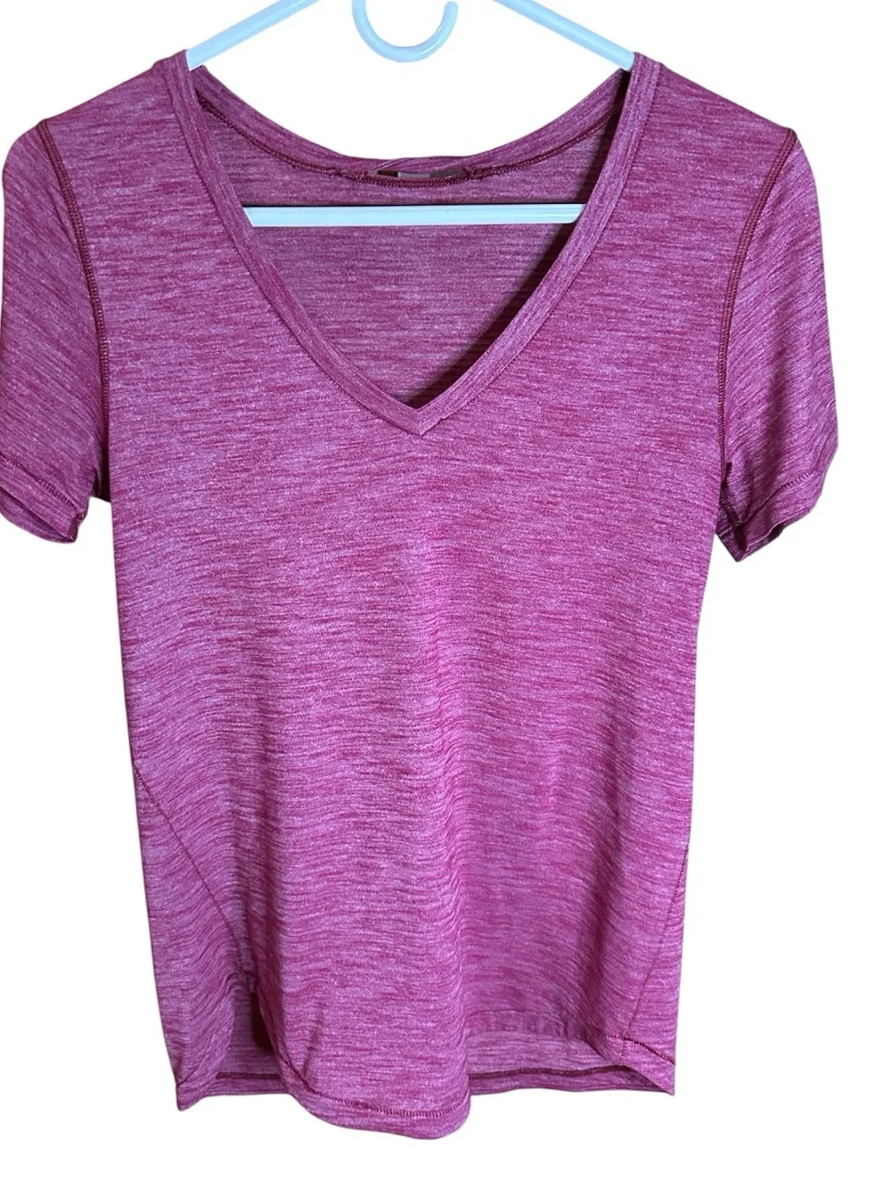 lululemon What the Sport Tee in Heathered Regal Plum. Short Sleeve. V-Nevk